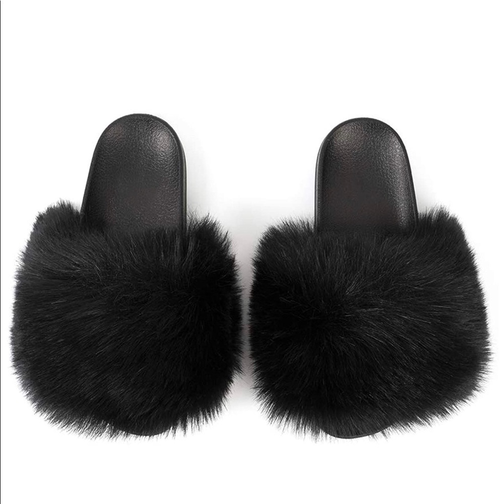 Faux Fur Black Fuzzy Slides Slippers Sandals